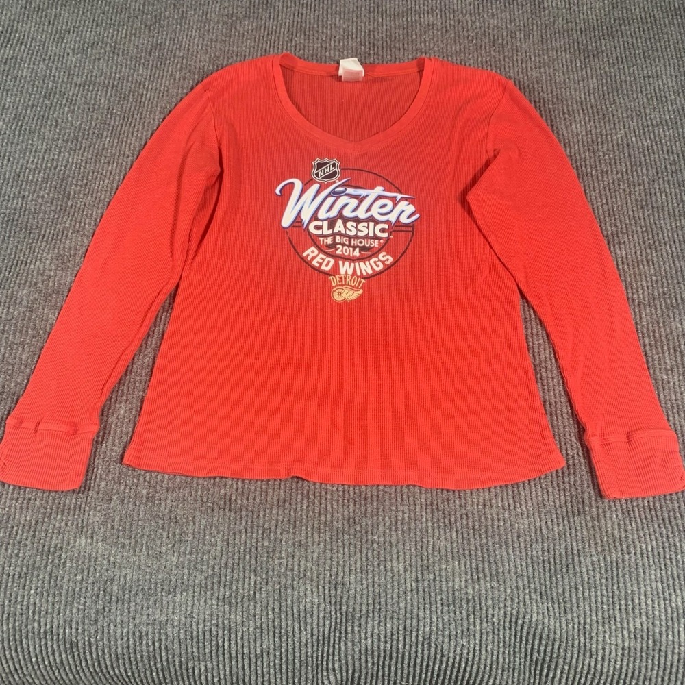 Detroit Red Wings T Shirt Womens XL Red Waffle Knit Thermal Winter Classic 2014